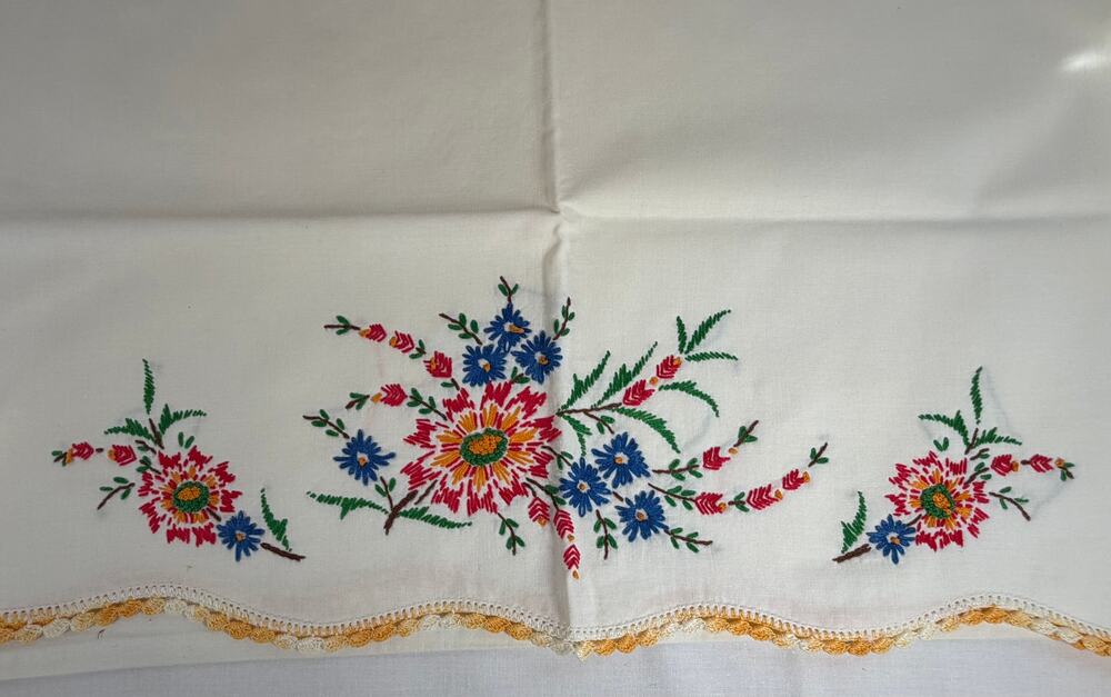 Vintage Embroidered Pillowcases Set of 2, Colorful Floral Bouquet Crochet Trim